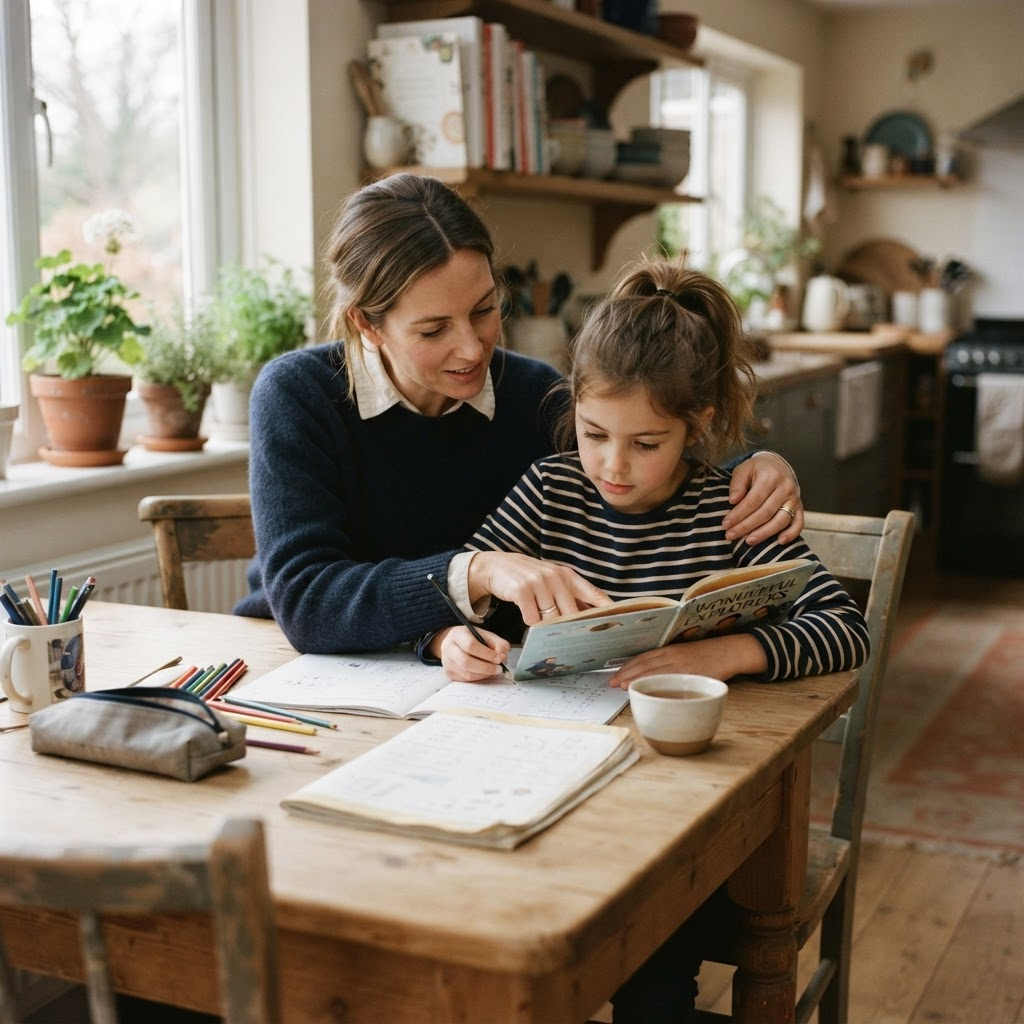 A parent and child reading and doing homework together at home